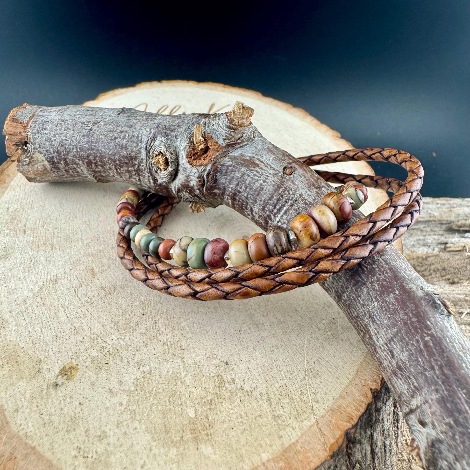 Picasso Jasper Braided Leather Multi Wrap Bracelet - Unisex Sterling Silver Cuff