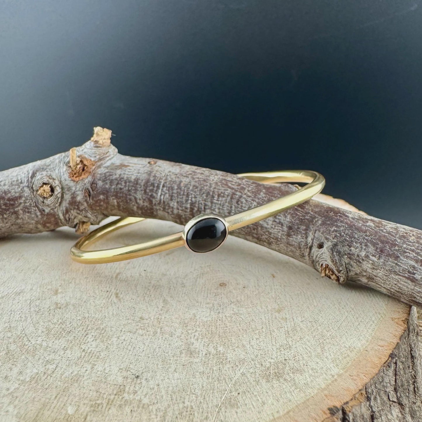 Black Onyx Cuff Bracelets Set | Hand-Forged Brass Stack of 3