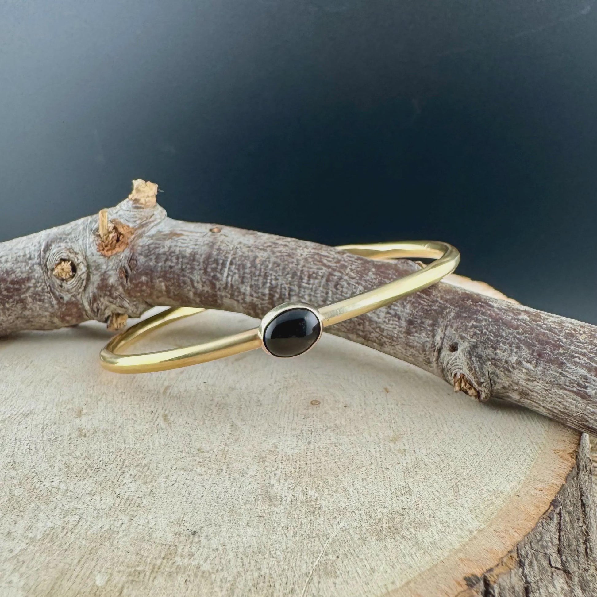 Black Onyx Cuff Bracelets Set | Hand-Forged Brass Stack of 3