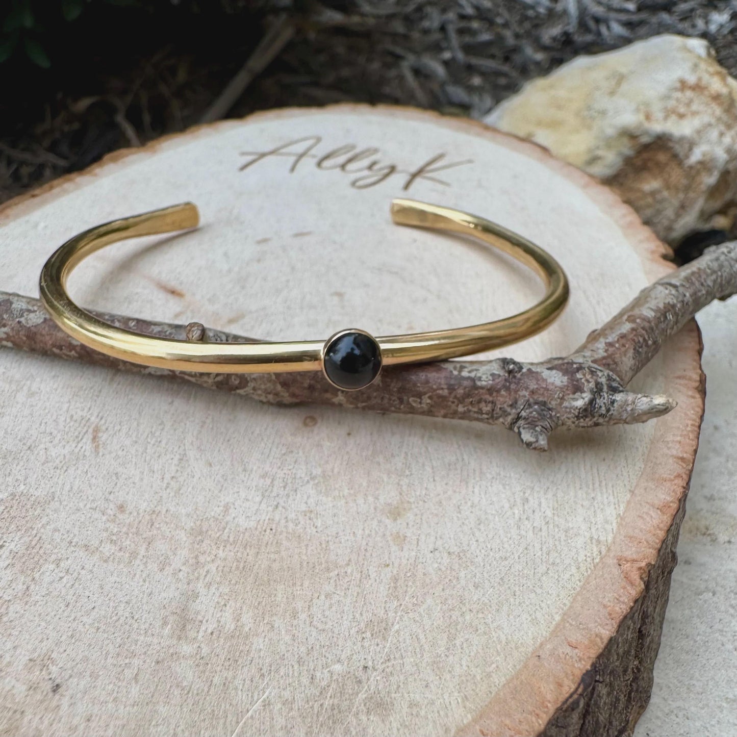 Black Onyx Cuff Bracelets Set | Hand-Forged Brass Stack of 3