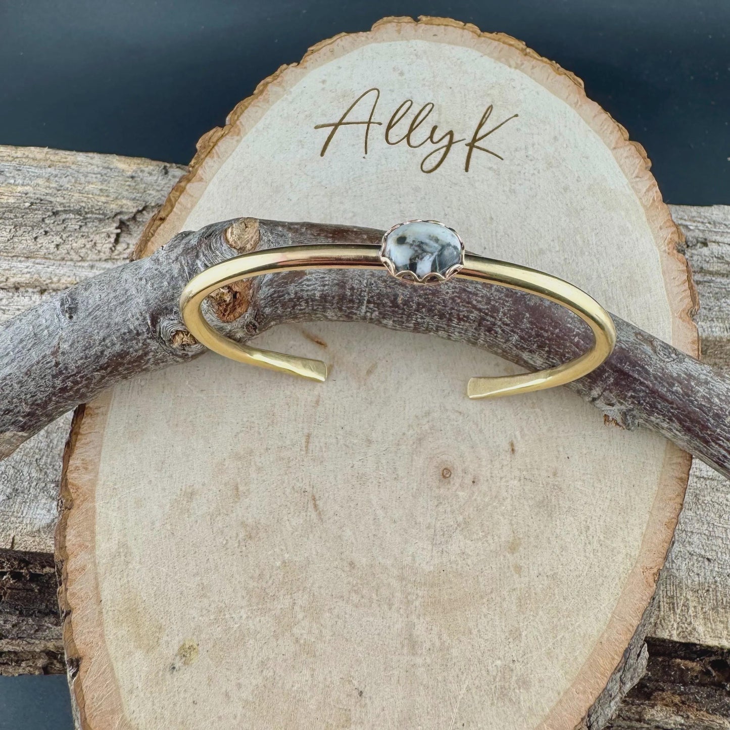 White Buffalo Turquoise Bezel Brass Bracelet – Handmade Adjustable Cuff Jewelry