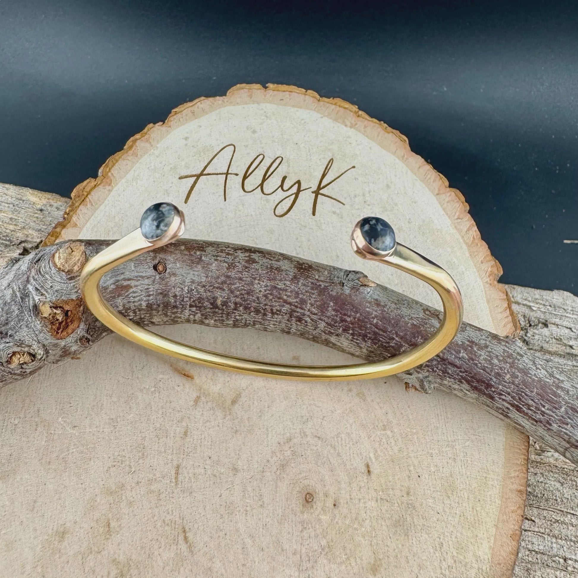 White Buffalo Turquoise Bezel Brass Bracelet – Handmade Adjustable Cuff Jewelry