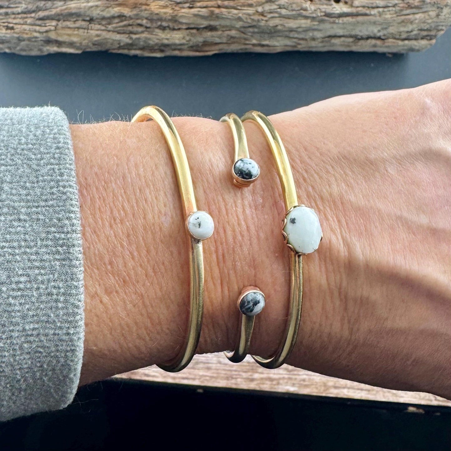White Buffalo Turquoise Bezel Brass Bracelet – Handmade Adjustable Cuff Jewelry