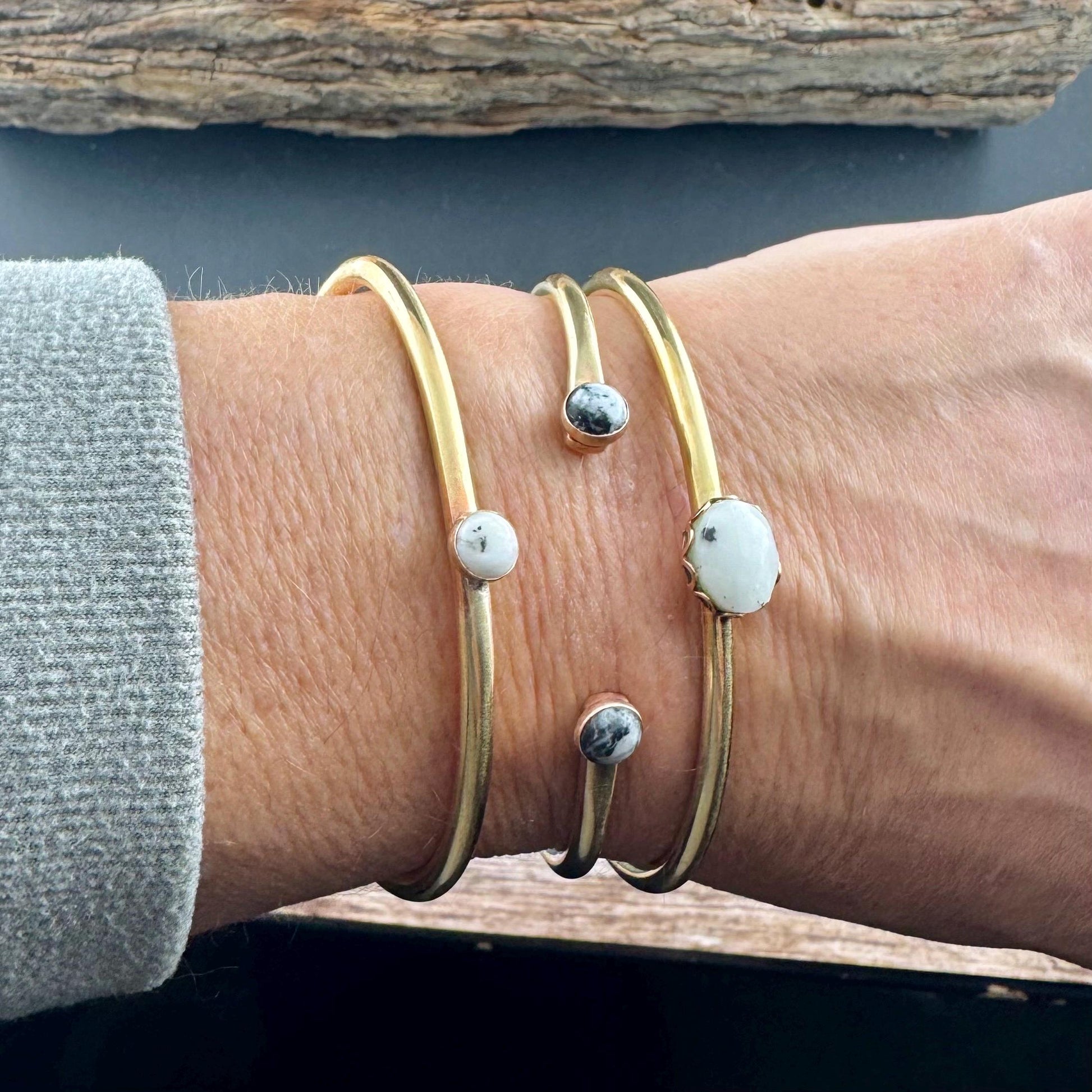 White Buffalo Turquoise Bezel Brass Bracelet – Handmade Adjustable Cuff Jewelry