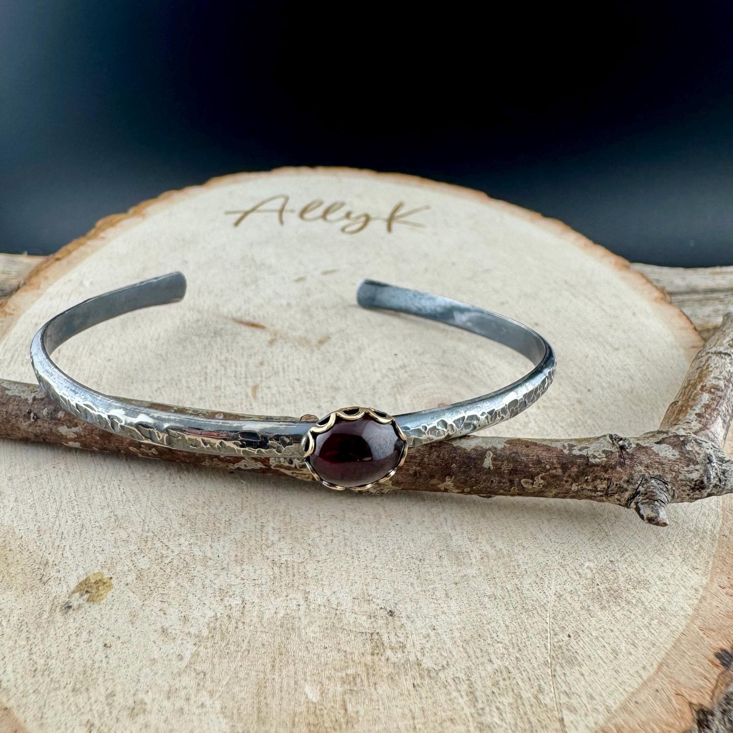 Unique Mixed Metal Garnet Cuff – Adjustable Handcrafted Sterling Silver Bracelet