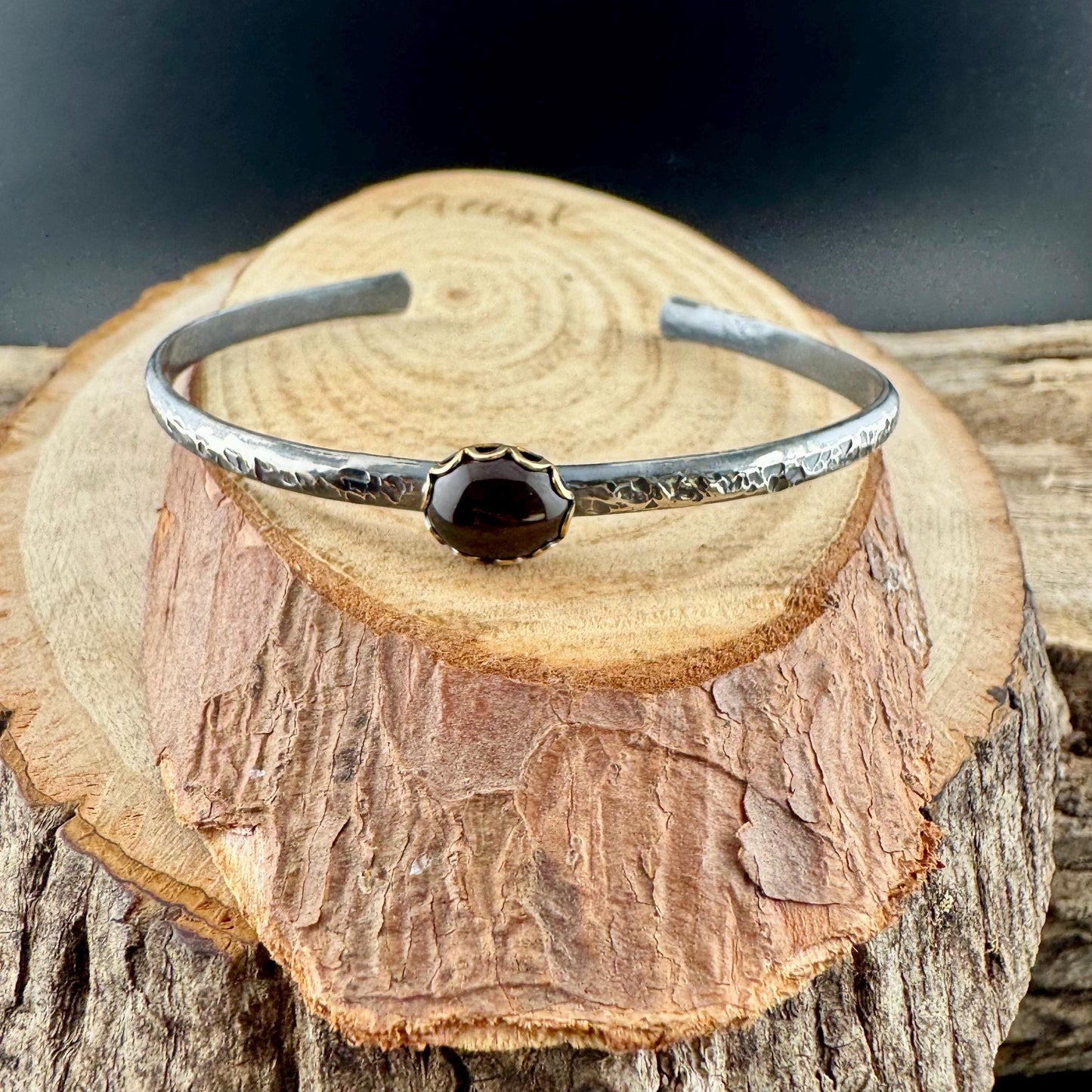 Unique Mixed Metal Garnet Cuff – Adjustable Handcrafted Sterling Silver Bracelet