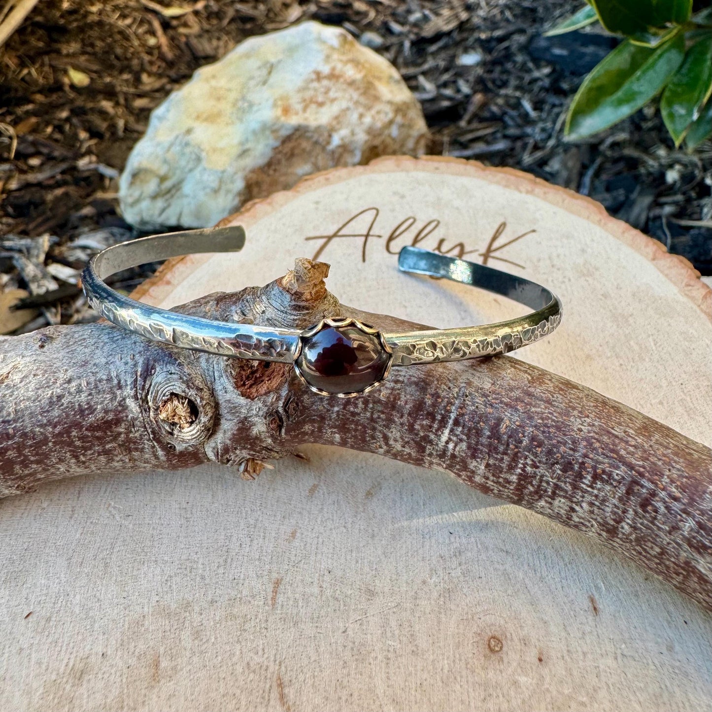Unique Mixed Metal Garnet Cuff – Adjustable Handcrafted Sterling Silver Bracelet