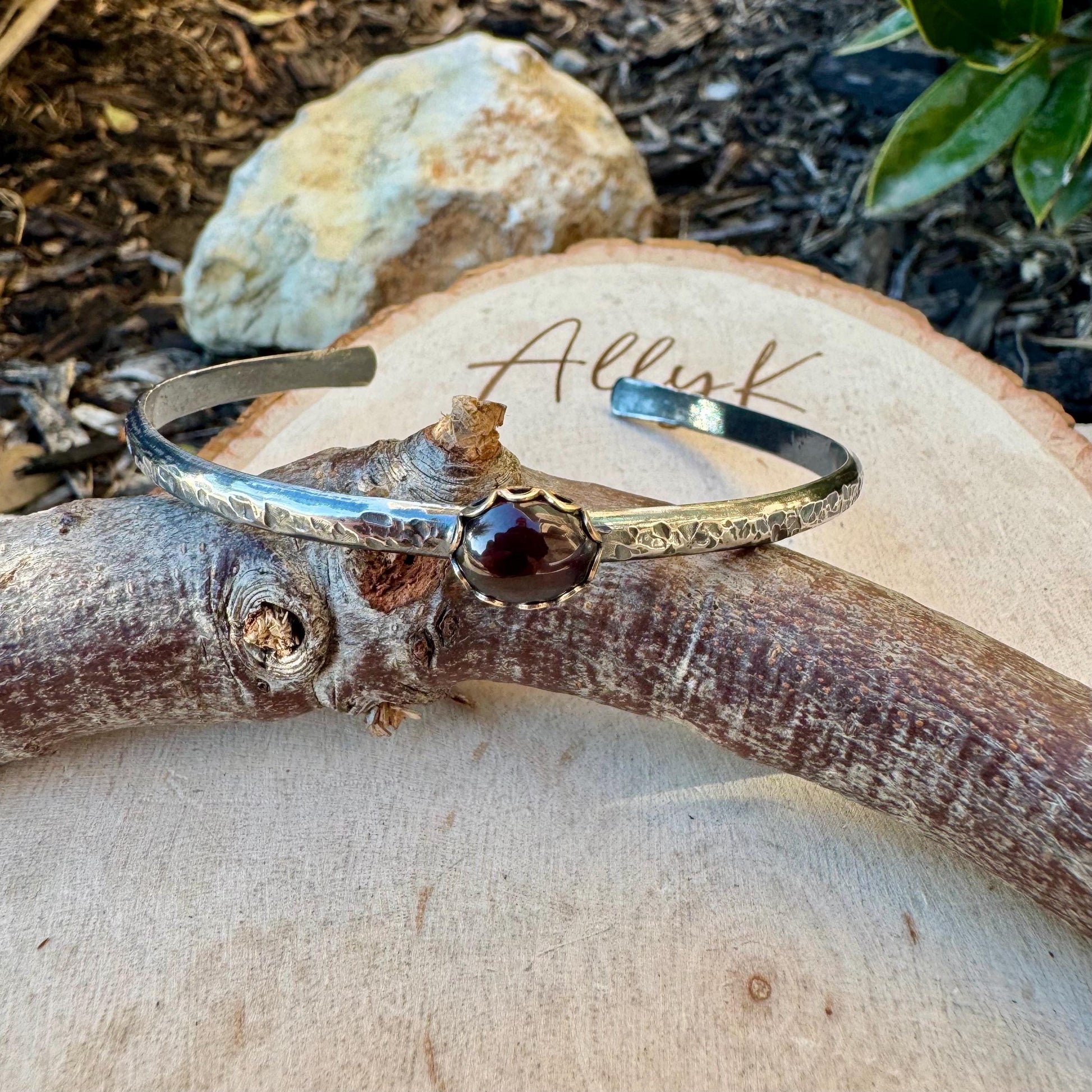 Unique Mixed Metal Garnet Cuff – Adjustable Handcrafted Sterling Silver Bracelet