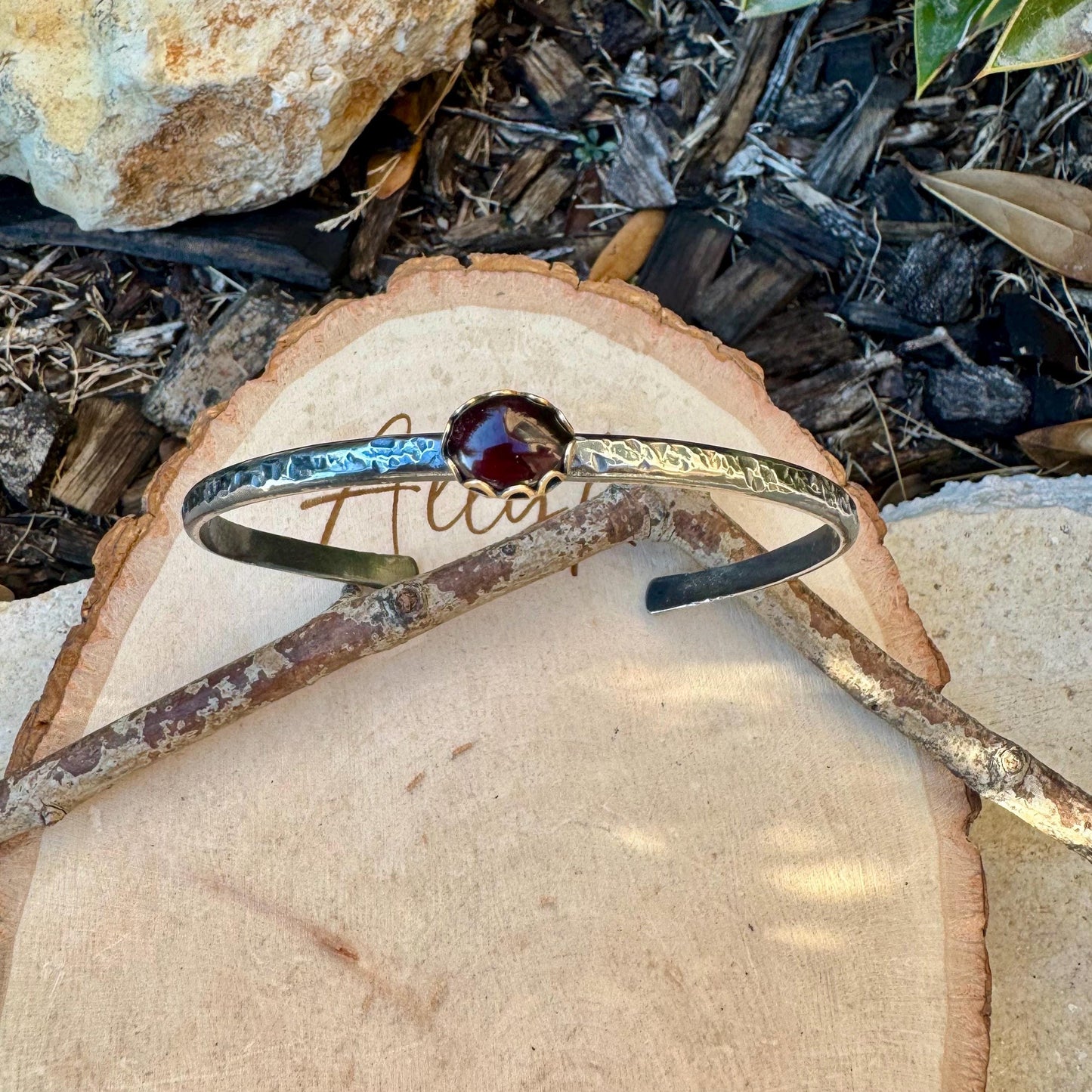 Unique Mixed Metal Garnet Cuff – Adjustable Handcrafted Sterling Silver Bracelet