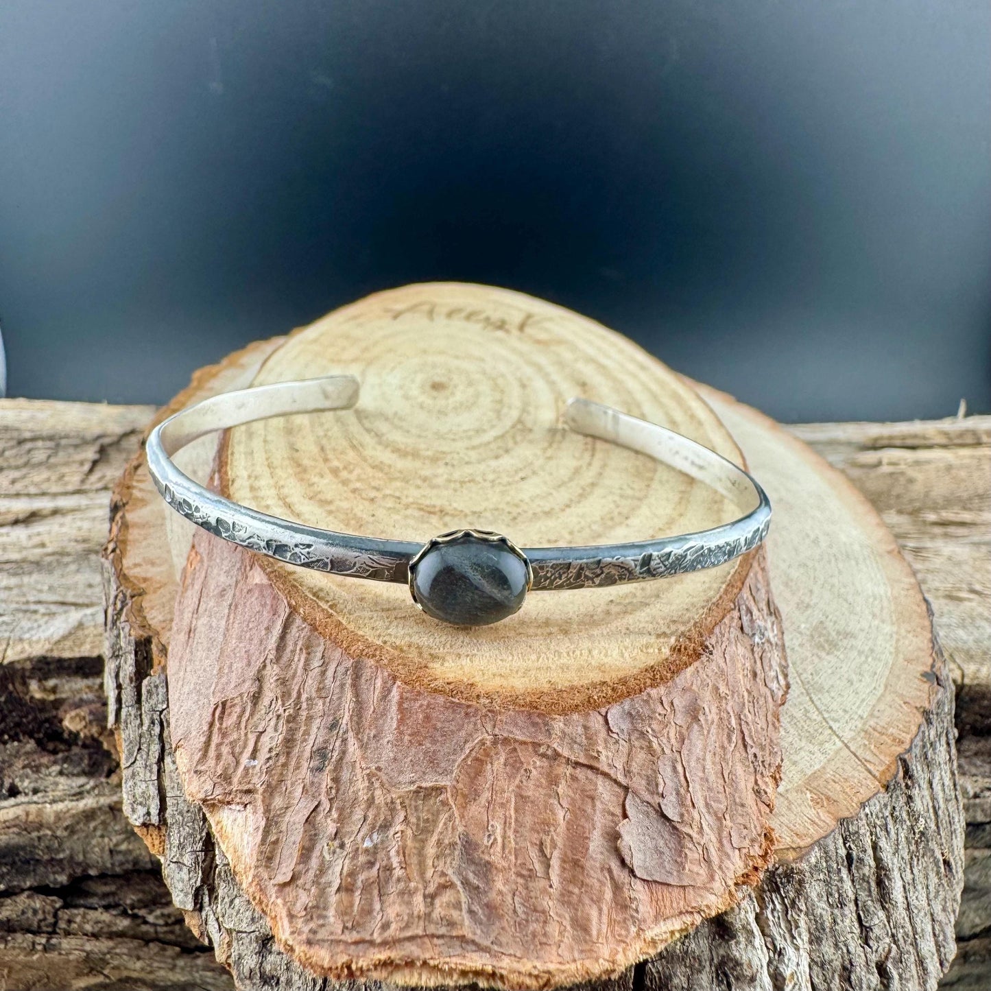 Sterling Silver Mixed Metal Cuff Bracelet – Handcrafted Adjustable Purple Labradorite Cabochon