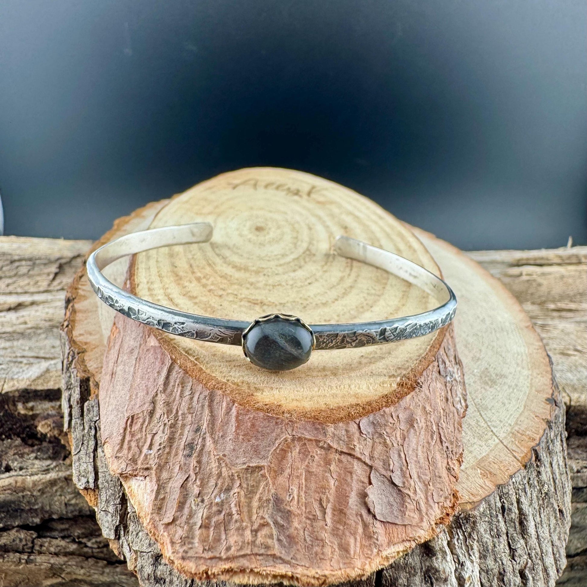 Sterling Silver Mixed Metal Cuff Bracelet – Handcrafted Adjustable Purple Labradorite Cabochon
