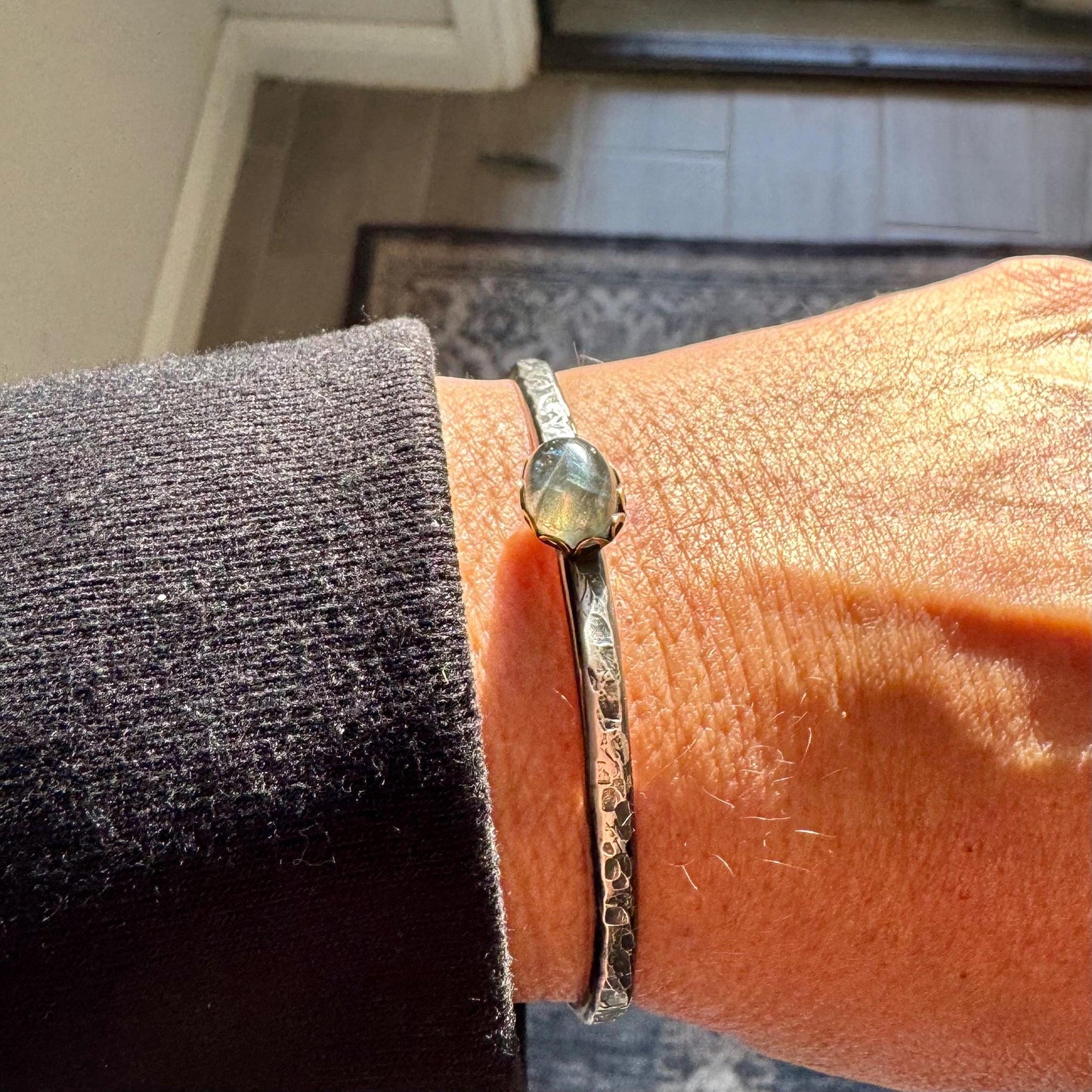 Sterling Silver Mixed Metal Cuff Bracelet – Handcrafted Adjustable Purple Labradorite Cabochon