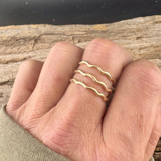 Brass Wave Ring Set of 3 - Dainty Metal Rings for Everyday Wear