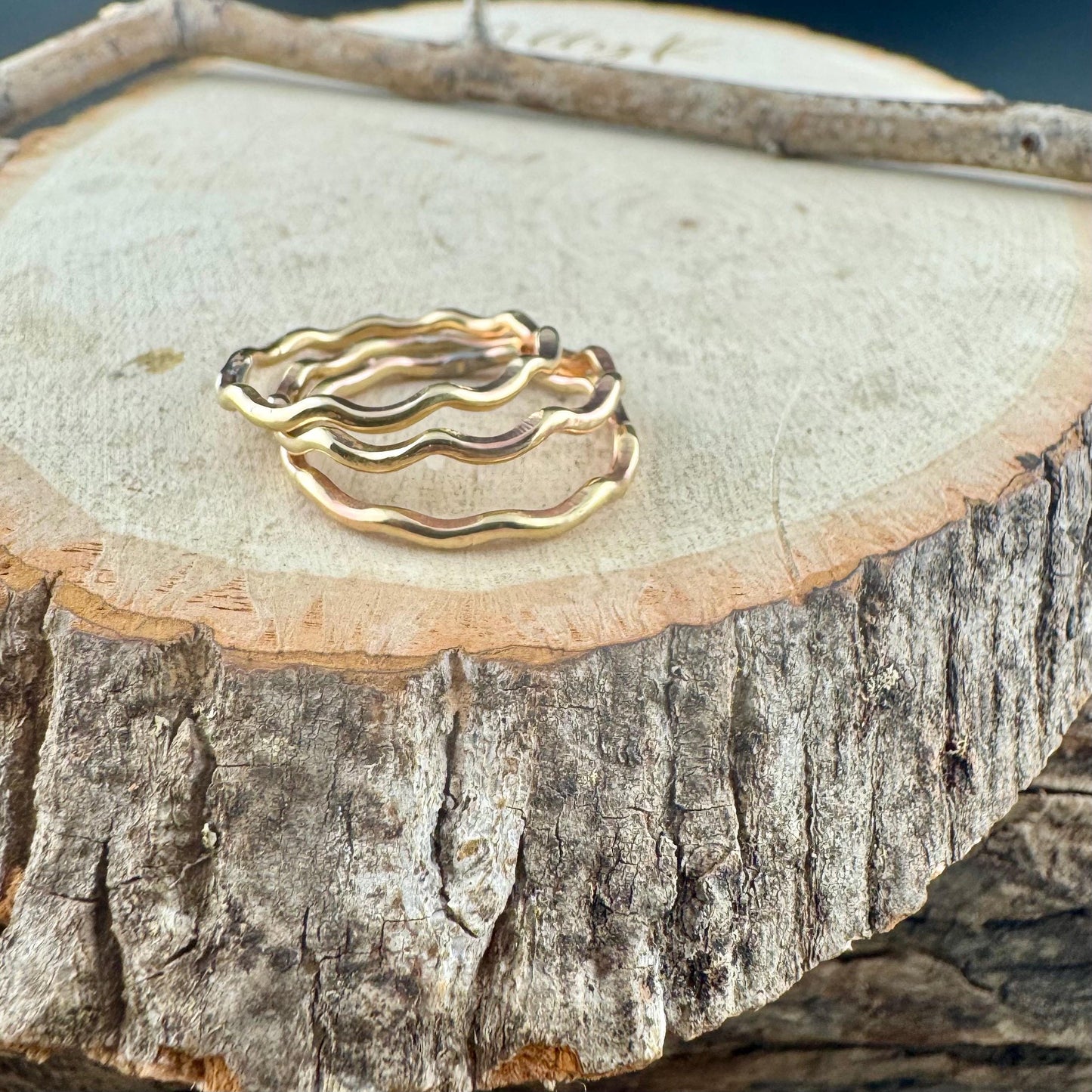 Brass Wave Ring Set of 3 - Dainty Metal Rings for Everyday Wear
