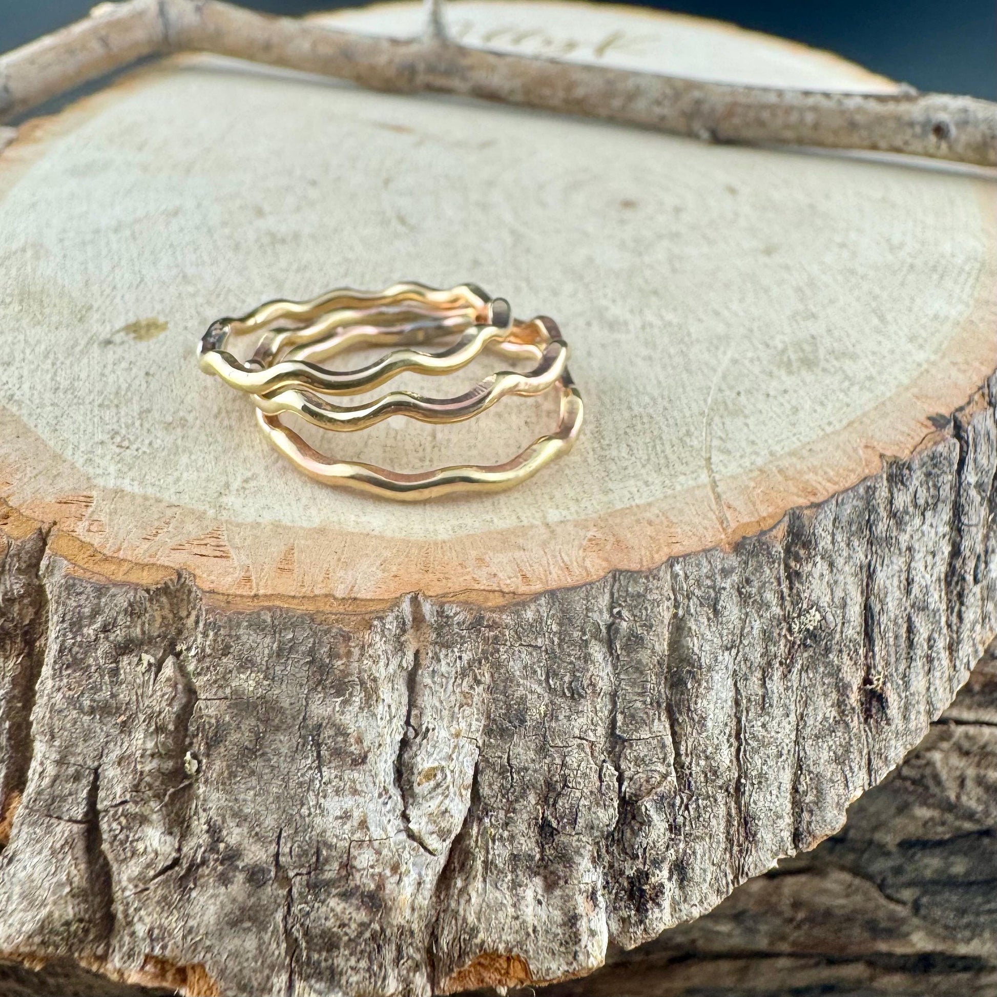 Brass Wave Ring Set of 3 - Dainty Metal Rings for Everyday Wear