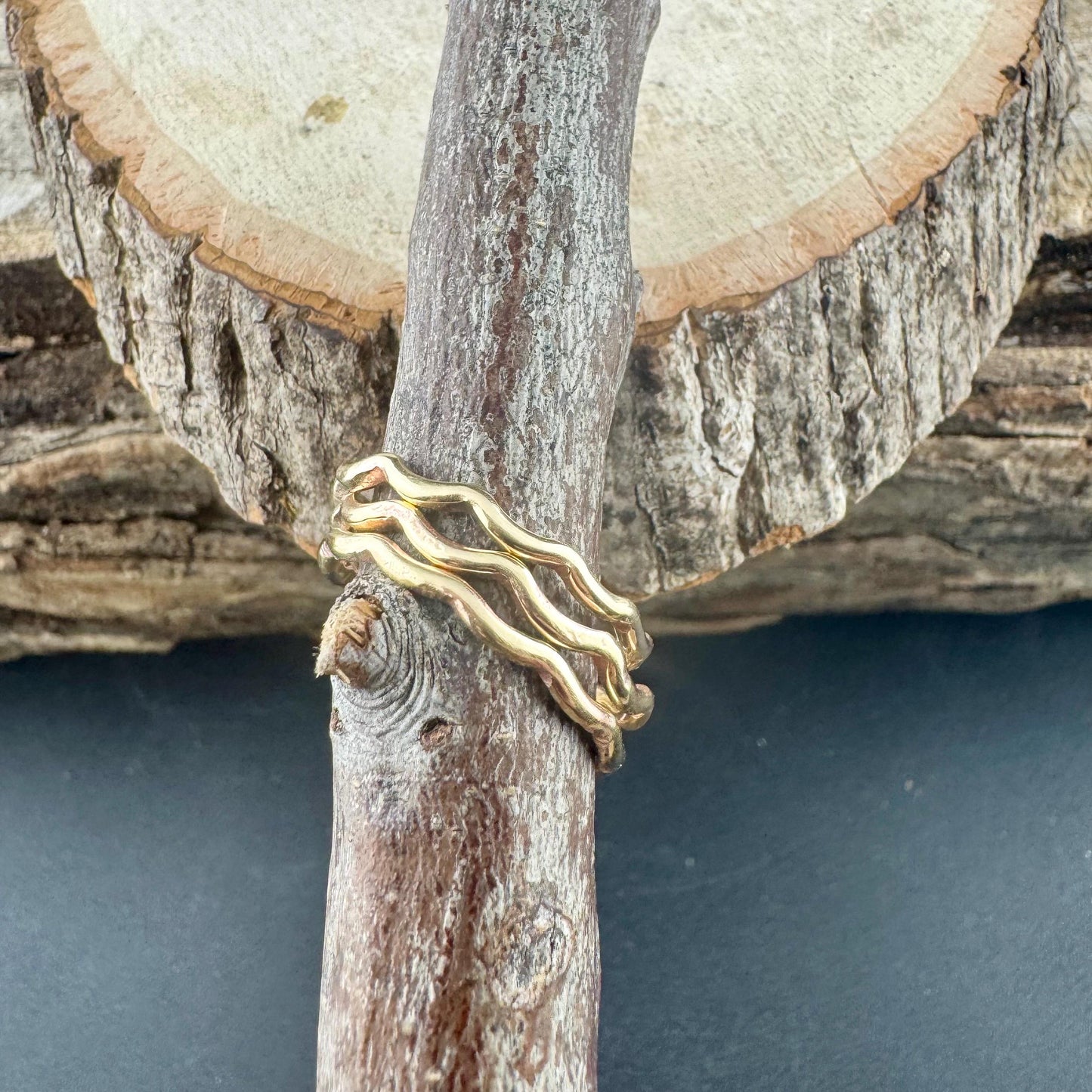 Brass Wave Ring Set of 3 - Dainty Metal Rings for Everyday Wear