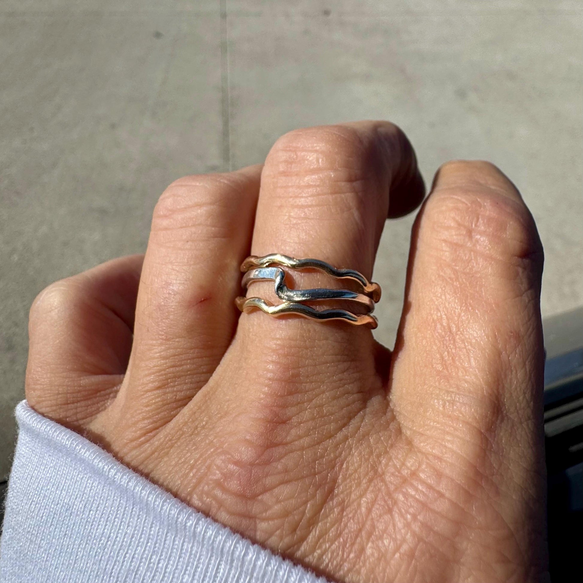 Sterling Silver & Brass Wave Rings • Mixed Metal Stacking Trio