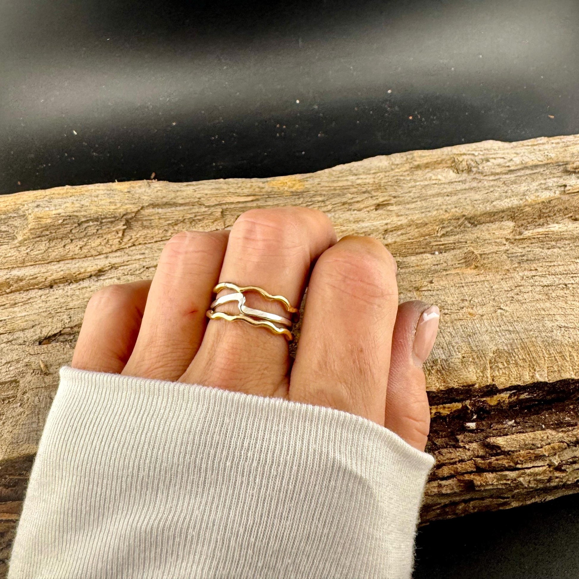Sterling Silver & Brass Wave Rings • Mixed Metal Stacking Trio