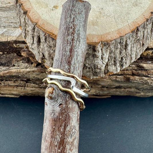 Sterling Silver & Brass Wave Rings • Mixed Metal Stacking Trio