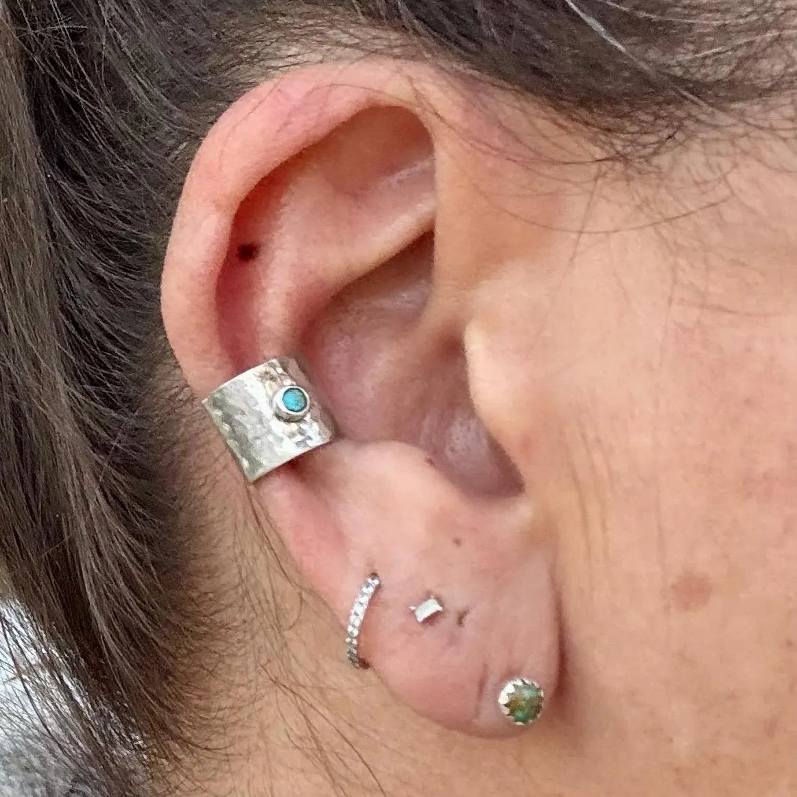 3mm Genuine Turquoise Sterling Silver Ear Cuff | Wide Conch Band | No-Piercing Earring