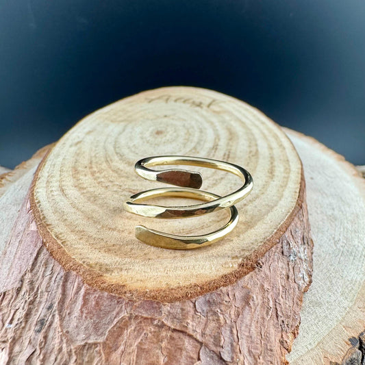 Brass Double Coil Ring • Hand‑Forged Bypass Band • Minimalist Gold‑Tone Jewelry