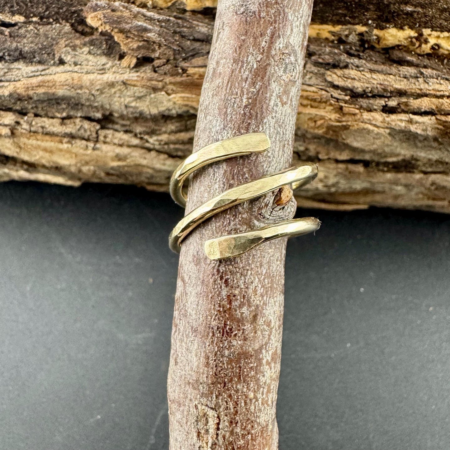 Brass Double Coil Ring • Hand‑Forged Bypass Band • Minimalist Gold‑Tone Jewelry