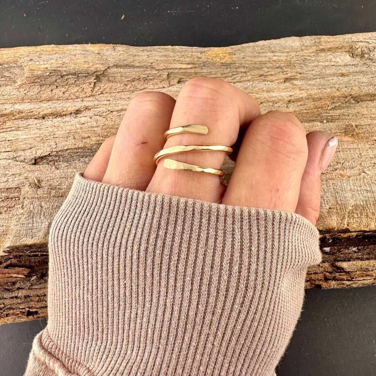 Brass Double Coil Ring • Hand‑Forged Bypass Band • Minimalist Gold‑Tone Jewelry