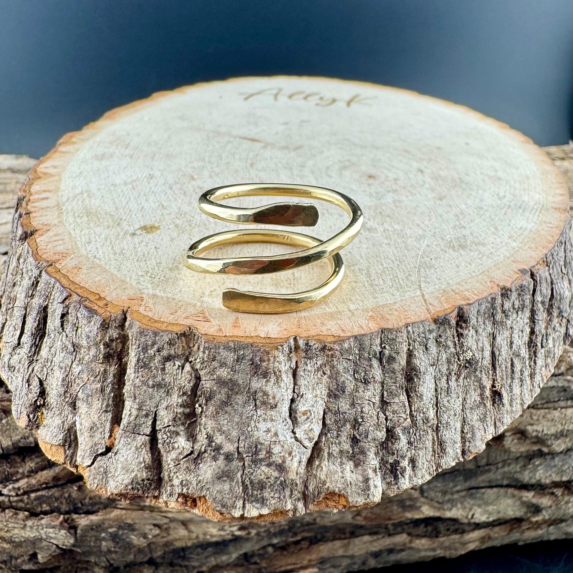Brass Double Coil Ring • Hand‑Forged Bypass Band • Minimalist Gold‑Tone Jewelry