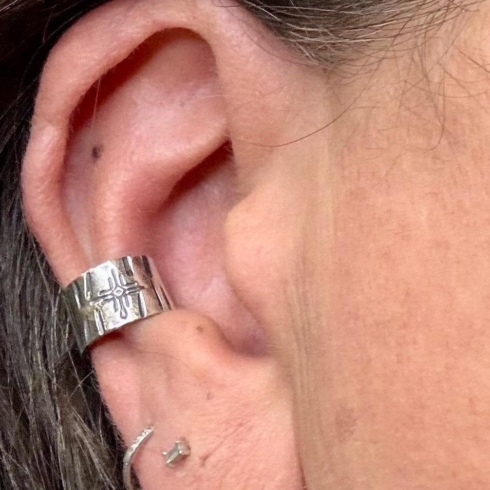 Sterling Silver Zia Symbol Ear Cuff | Indian Design Wide Conch No-Piercing Earring