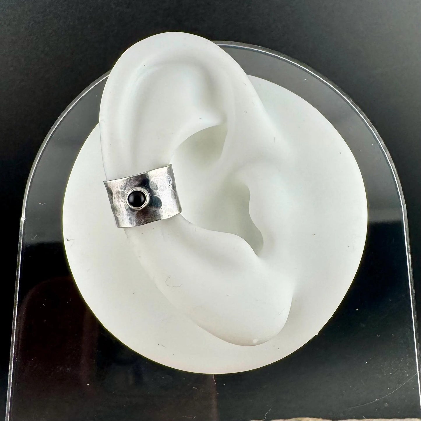 Sterling Silver 3mm Onyx Ear Cuff | Wide Conch Band | No-Piercing Earring