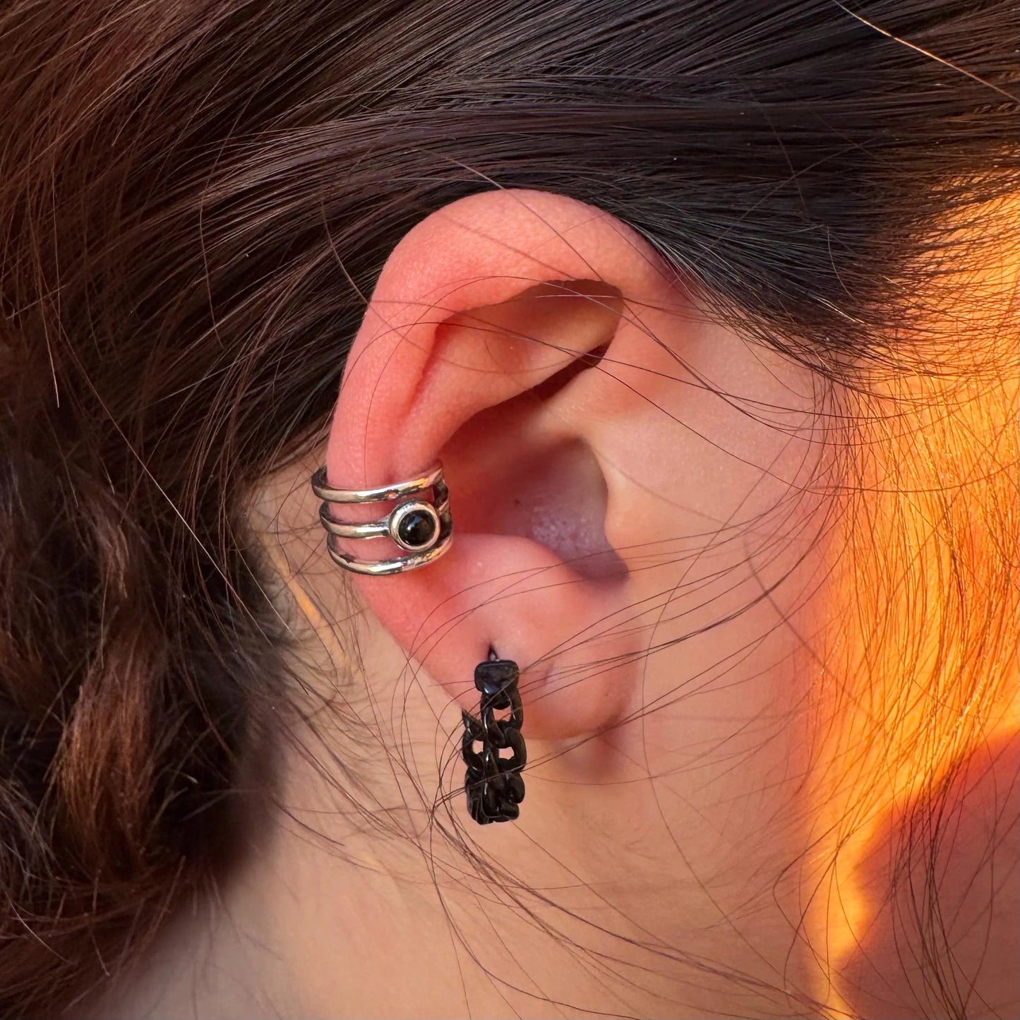 Sterling Silver 3mm Black Onyx Ear Cuff | Wide Conch Band | No-Piercing Earring