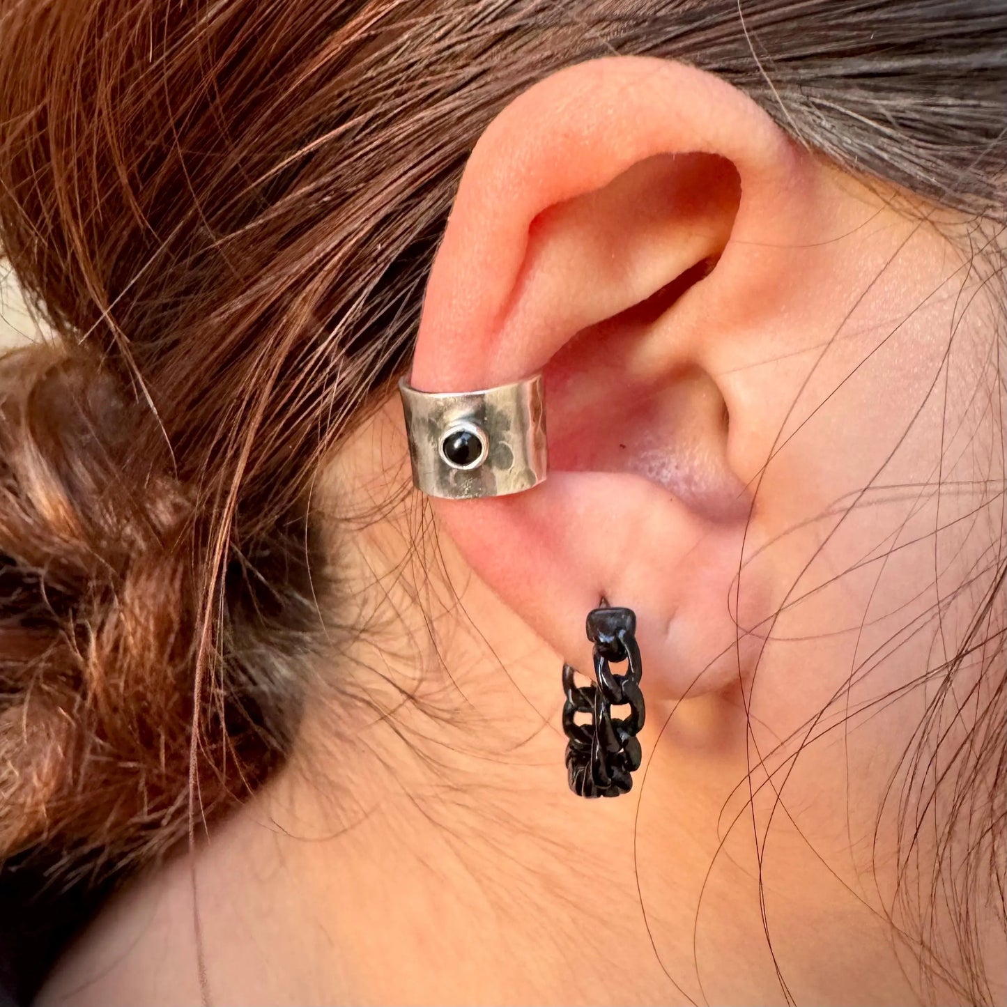 Sterling Silver 3mm Onyx Ear Cuff | Wide Conch Band | No-Piercing Earring