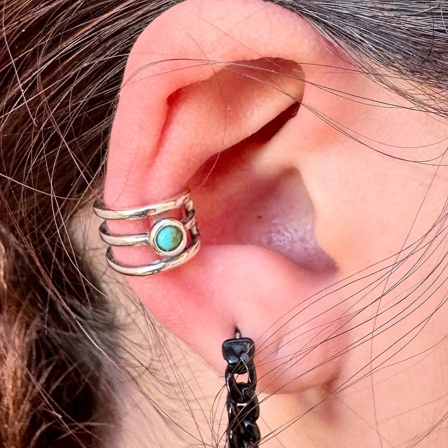 Sterling Silver 3mm Genuine Turquoise Ear Cuff | Wide Conch Band | No-Piercing Earring