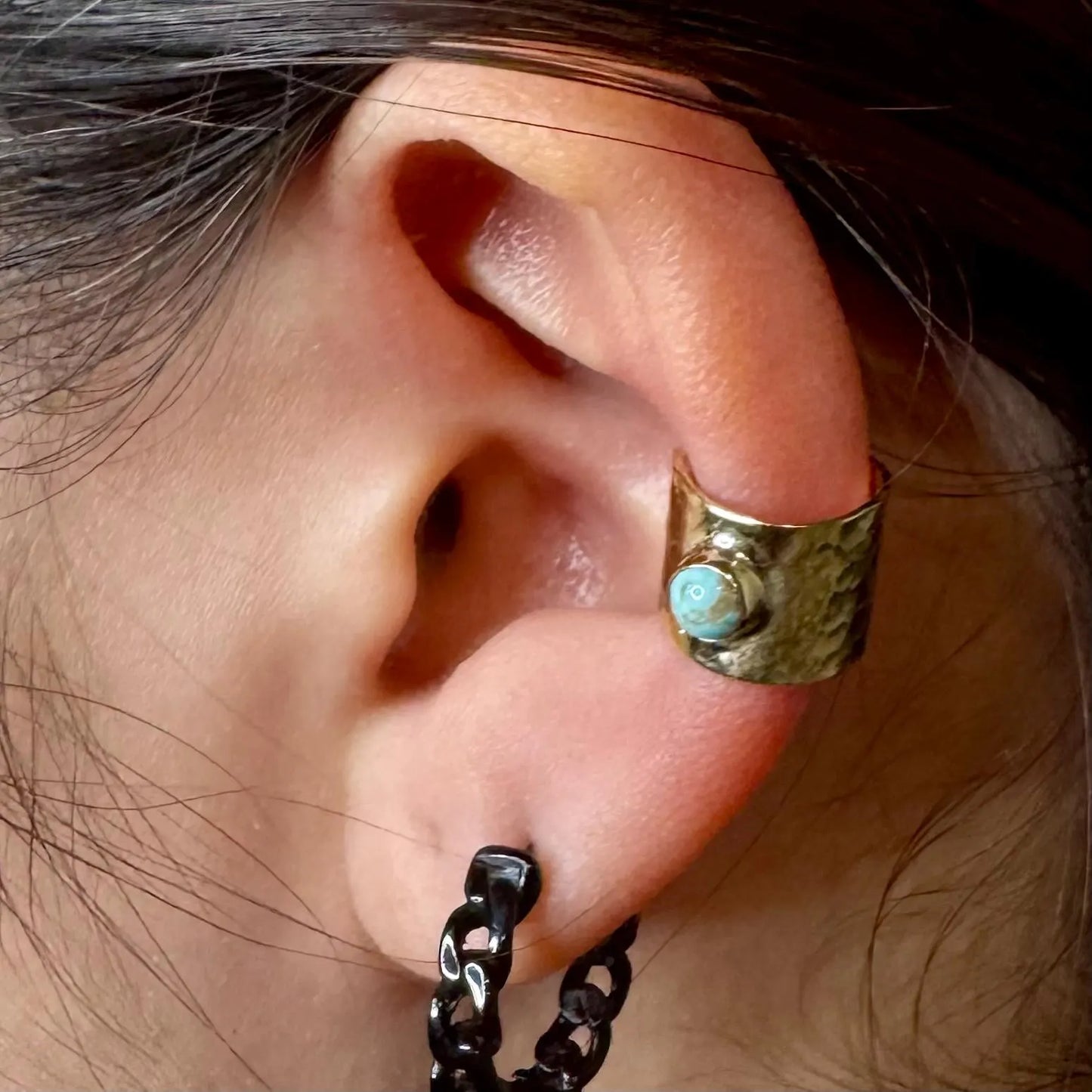 4mm Genuine Turquoise Brass Ear Cuff | Wide Conch Band | No-Piercing Earring
