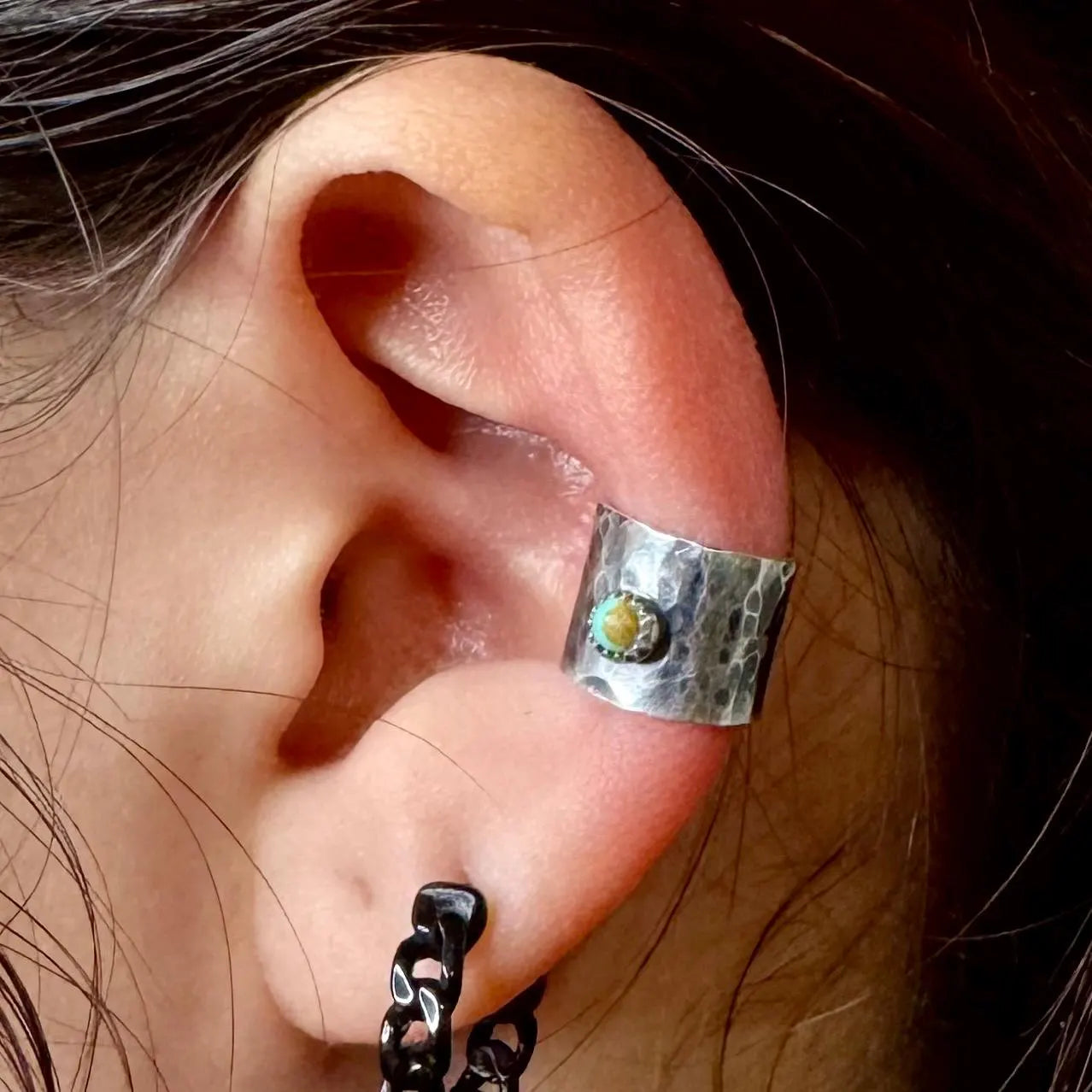 Sterling Silver 3mm Genuine Turquoise Ear Cuff • Wide Conch Band • No‑Piercing Faux Conch Earring