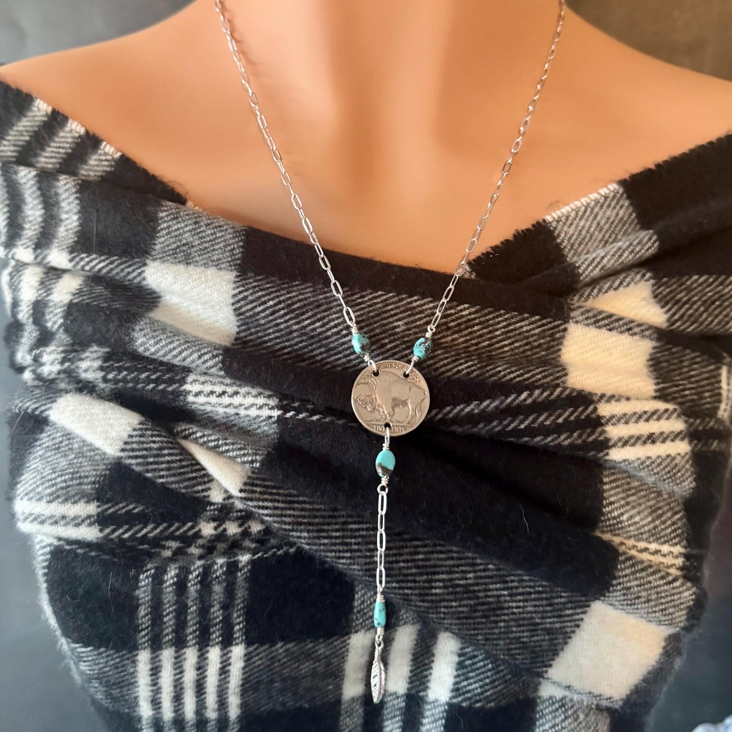 Buffalo Nickel Lariat Necklace – Royston Turquoise, Sterling Silver Feather, Vintage Southwest Jewelry