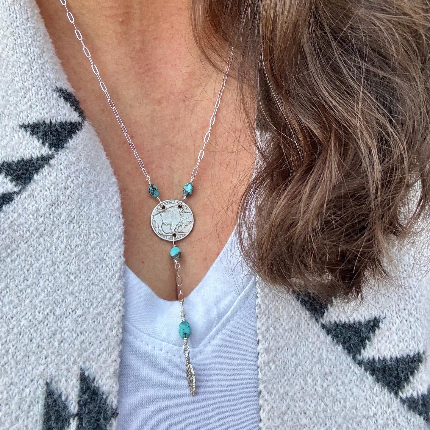 Buffalo Nickel Lariat Necklace – Royston Turquoise, Sterling Silver Feather, Vintage Southwest Jewelry