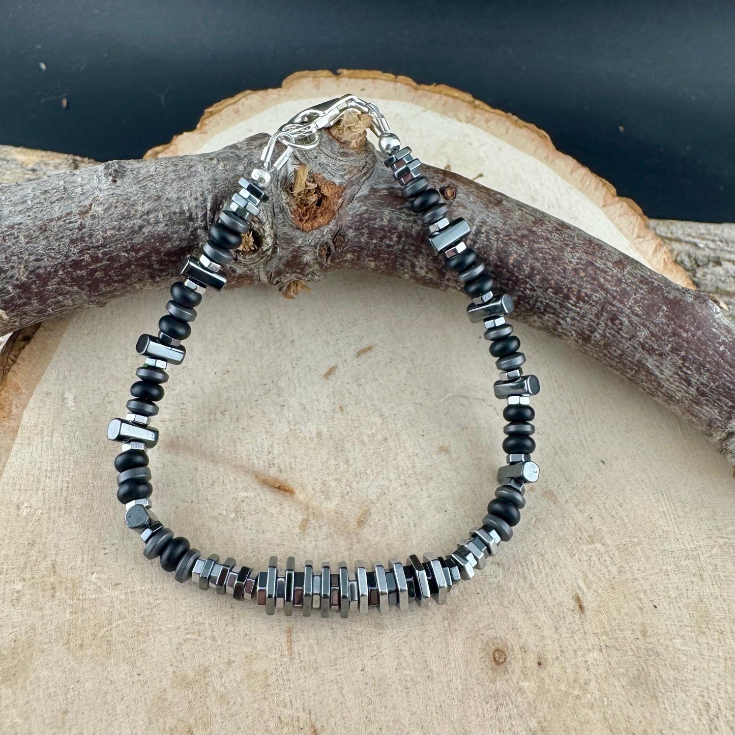 Black Silver Hematite & Onyx Bracelet – Unisex Elegant Unique Sterling Jewelry