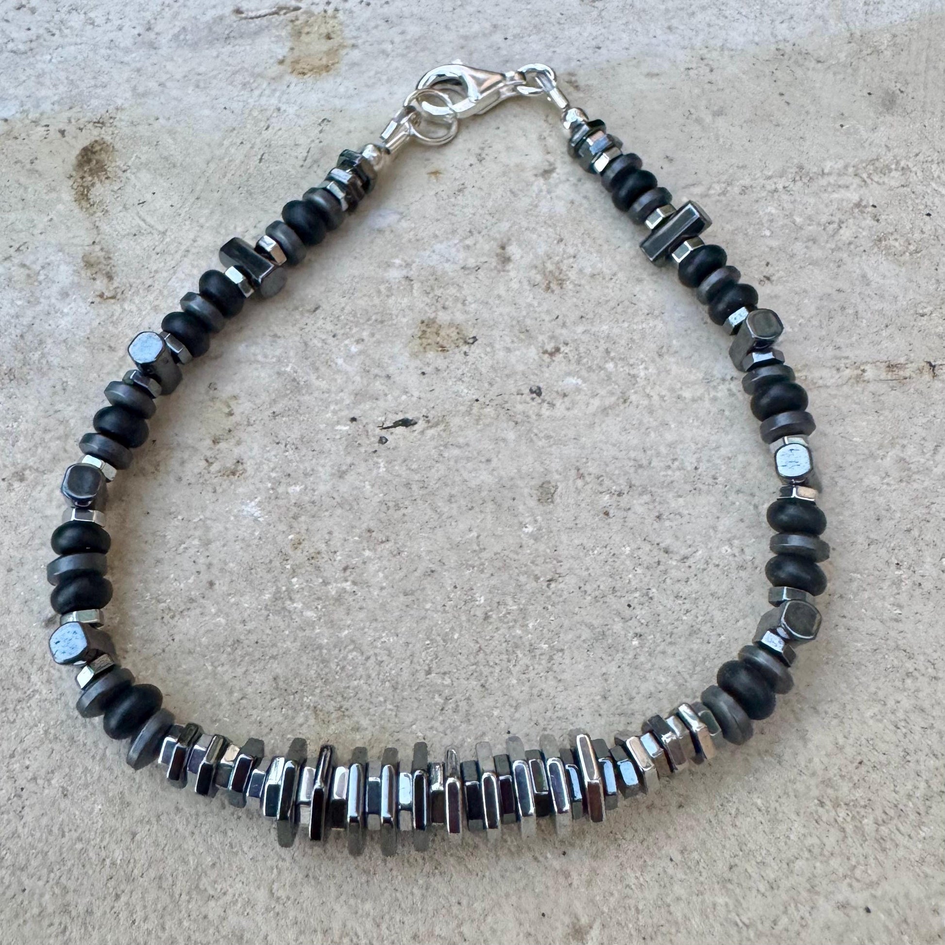 Black Silver Hematite & Onyx Bracelet – Unisex Elegant Unique Sterling Jewelry