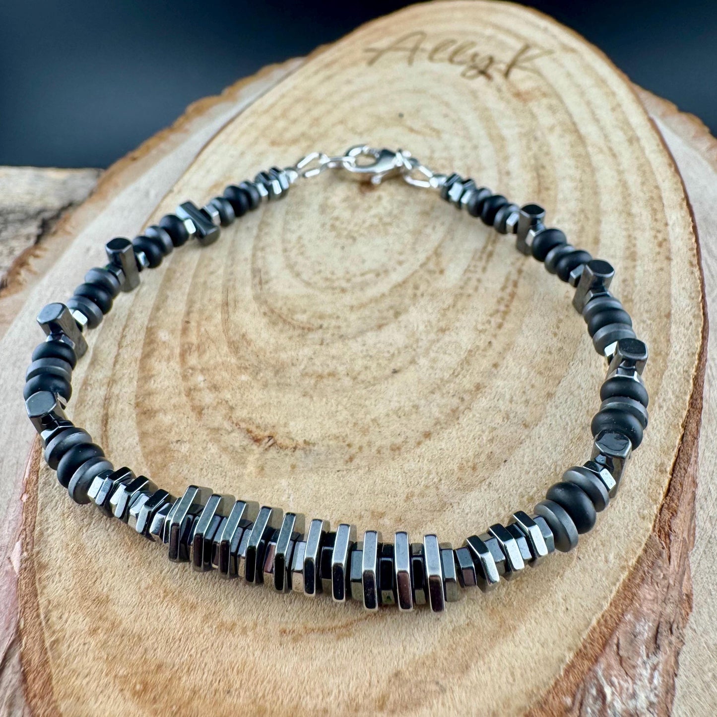Black Silver Hematite & Onyx Bracelet – Unisex Elegant Unique Sterling Jewelry