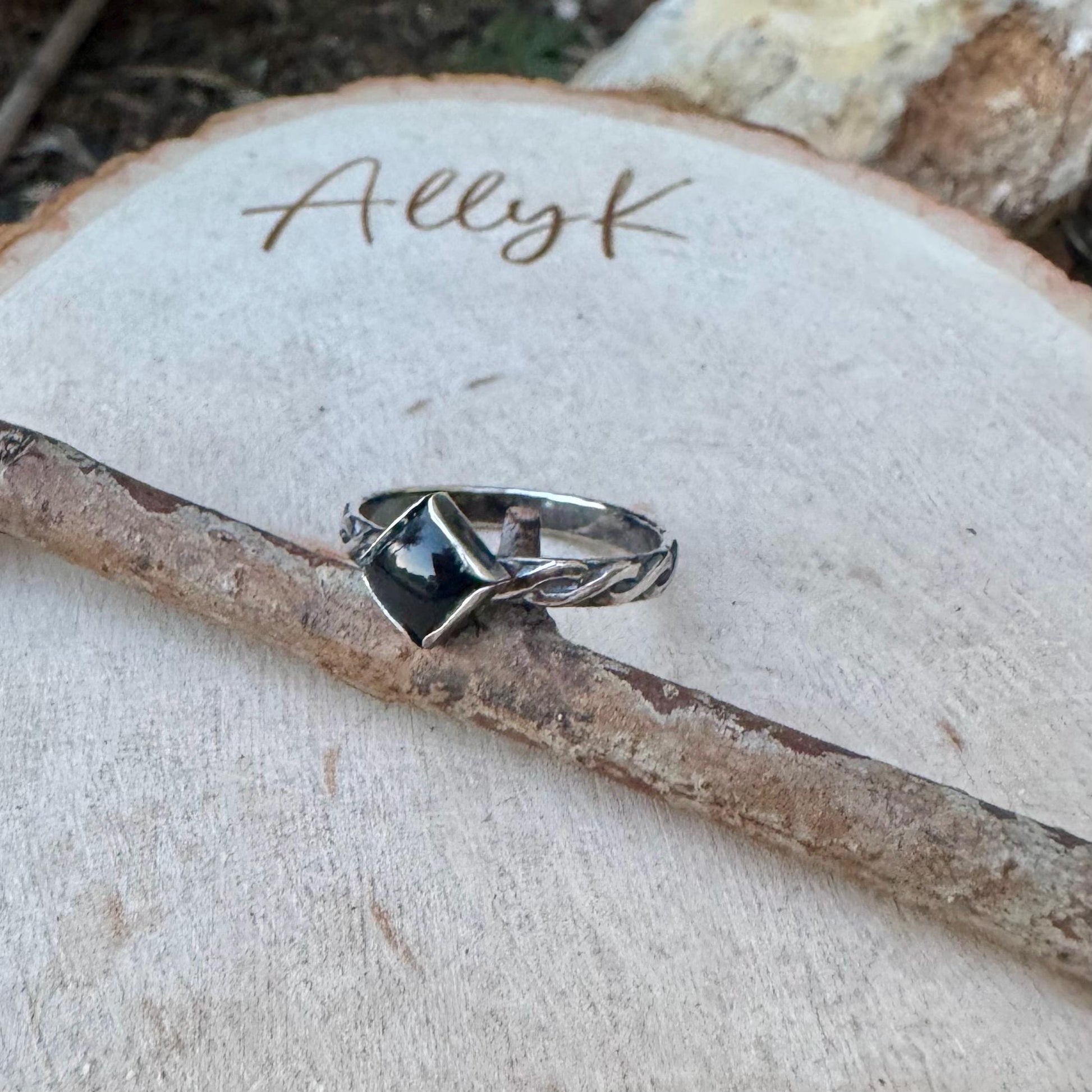 Sterling Silver Onyx Band Ring • Handmade Trinity Rope Twist Design