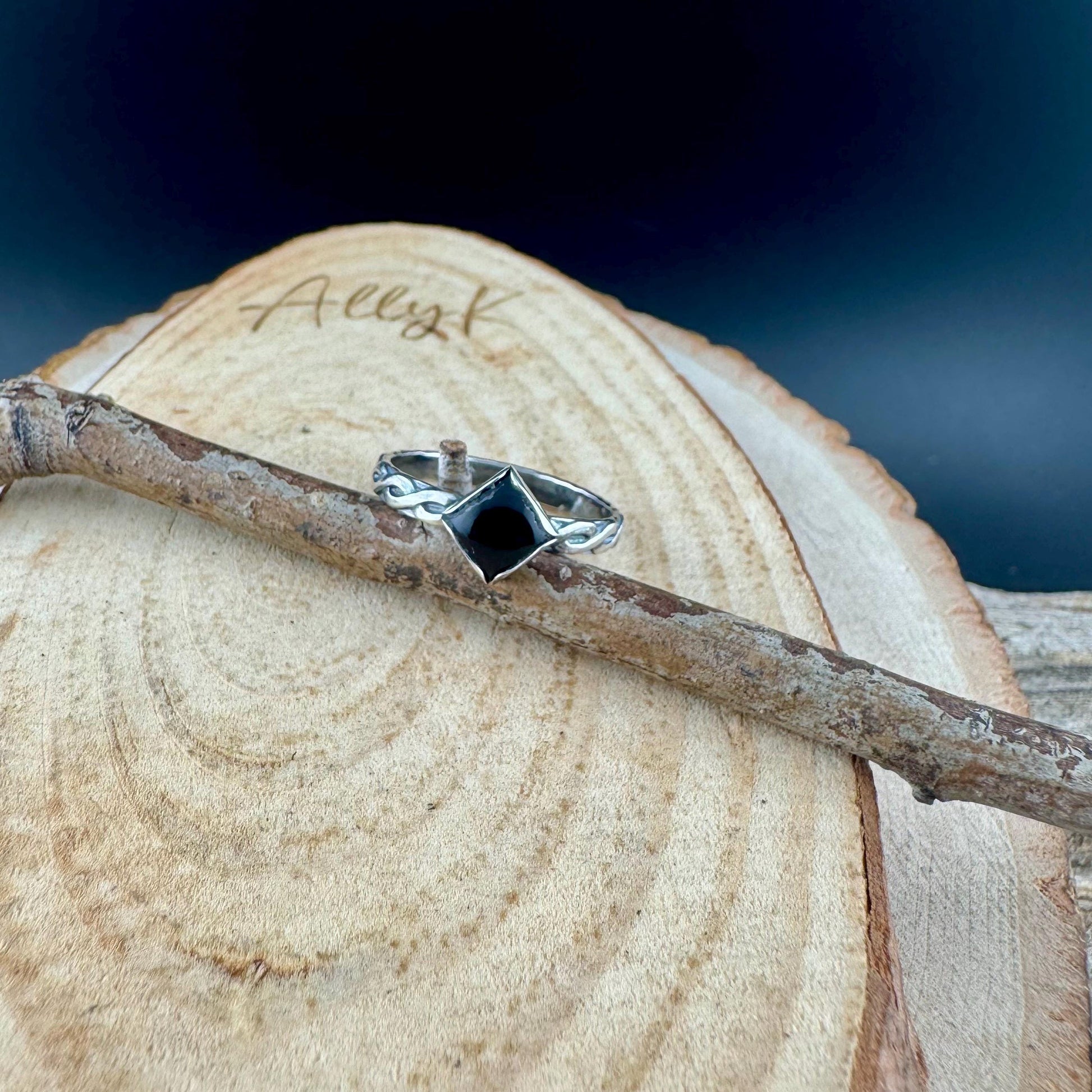 Sterling Silver Onyx Band Ring • Handmade Trinity Rope Twist Design