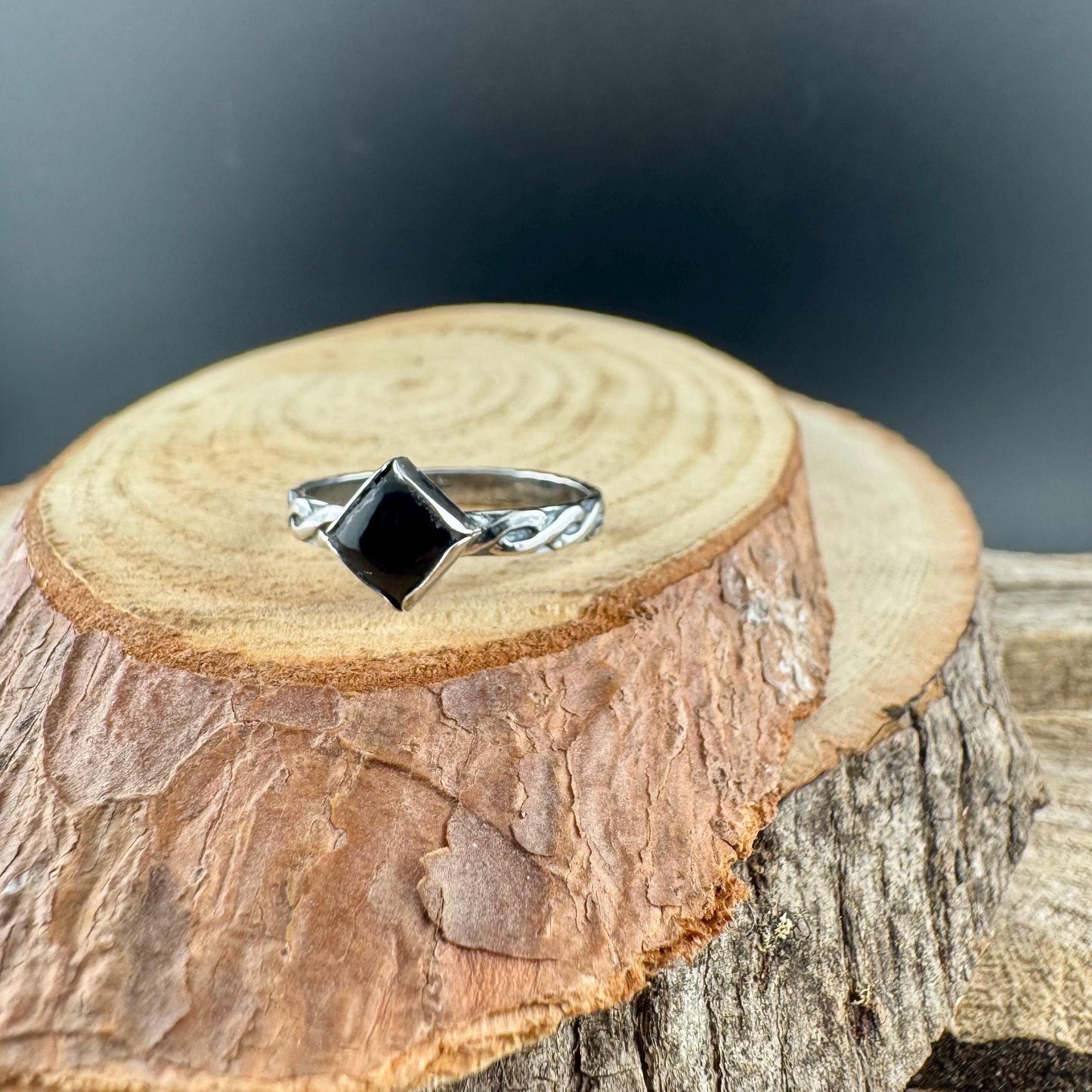 Sterling Silver Onyx Band Ring • Handmade Trinity Rope Twist Design