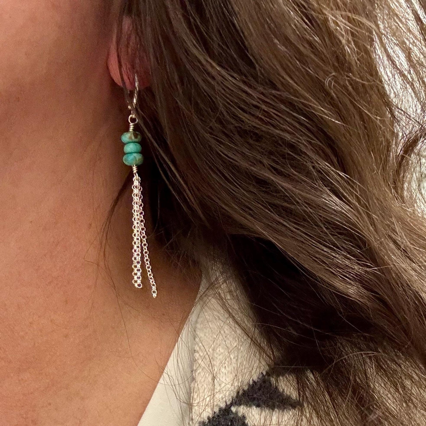 Turquoise Sterling Silver Lever back Hook Earrings: Kingman Huggie Hoop Chain Earrings