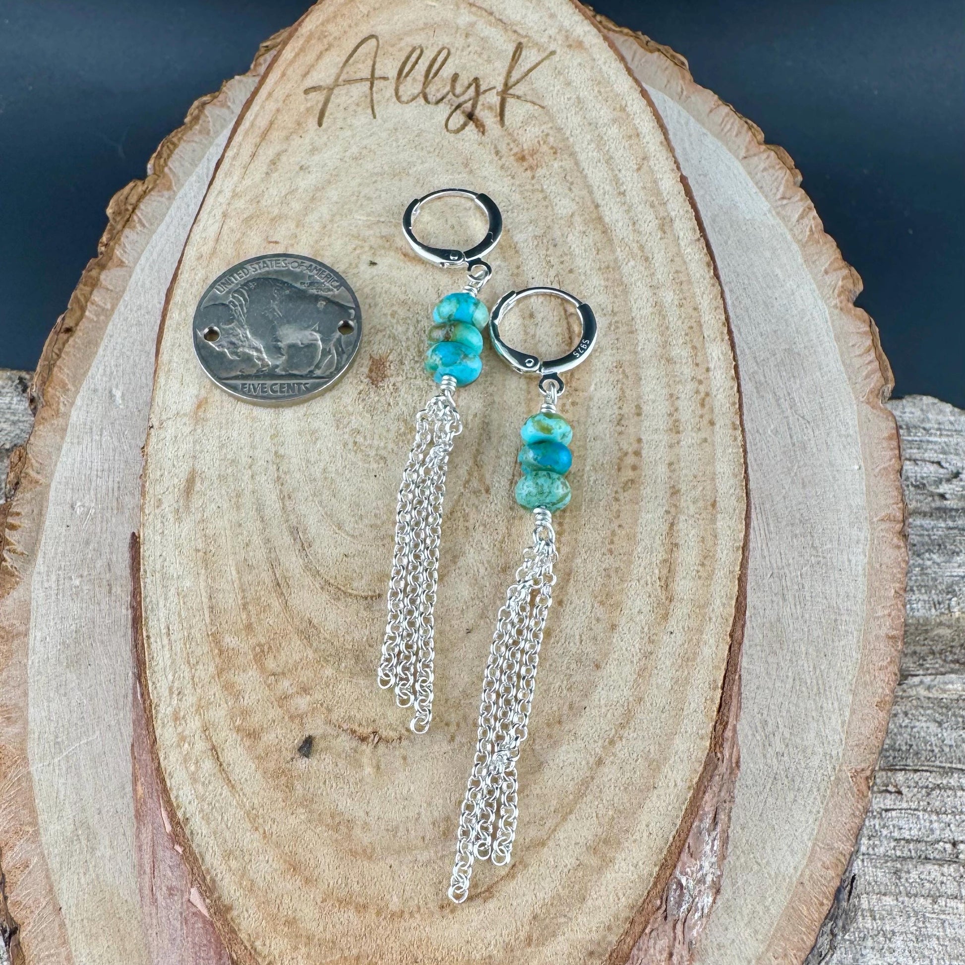 Turquoise Sterling Silver Lever back Hook Earrings: Kingman Huggie Hoop Chain Earrings