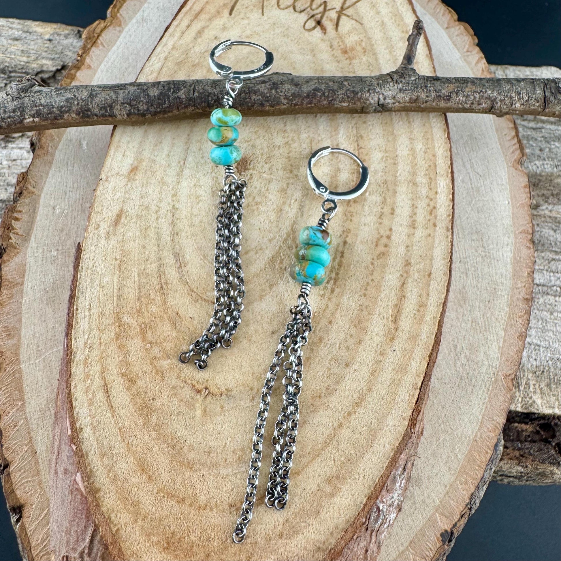 Turquoise Sterling Silver Lever back Hook Earrings: Kingman Huggie Hoop Chain Earrings