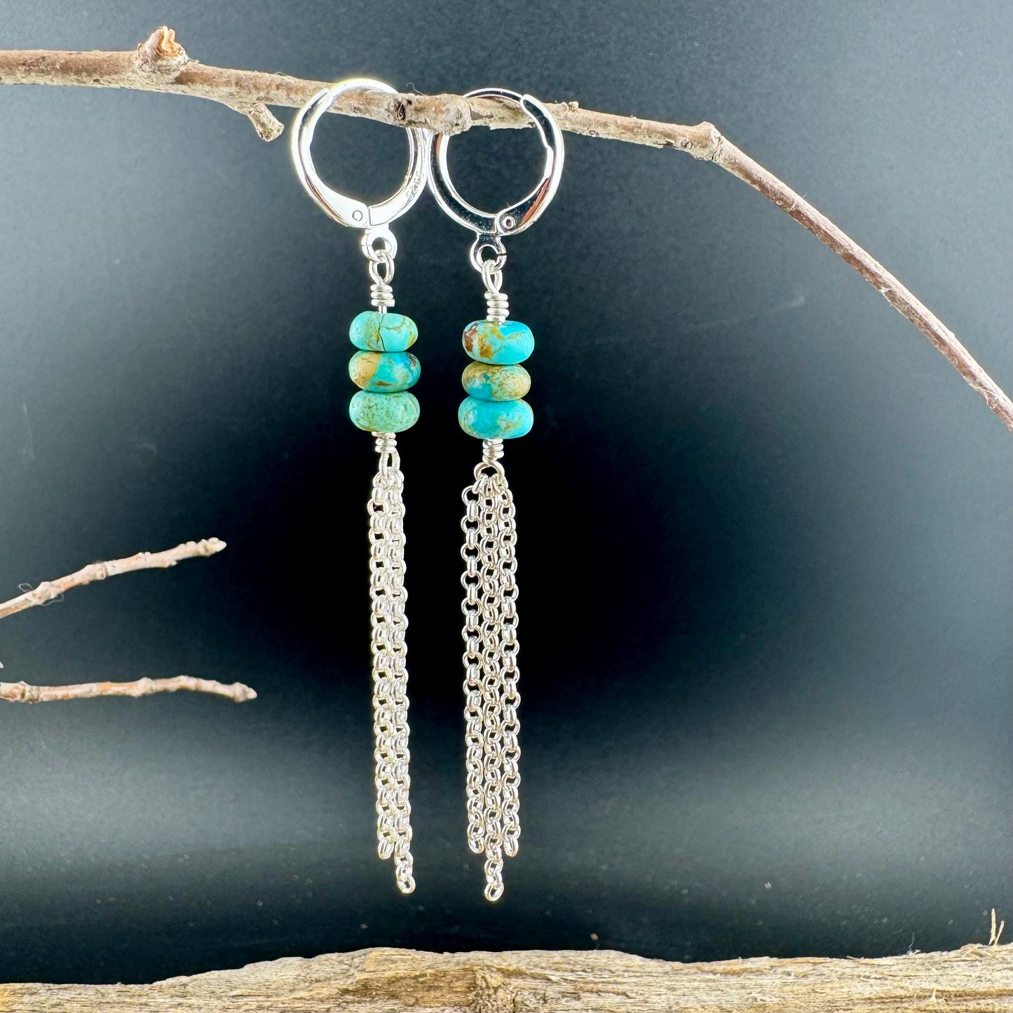 Turquoise Sterling Silver Lever back Hook Earrings: Kingman Huggie Hoop Chain Earrings