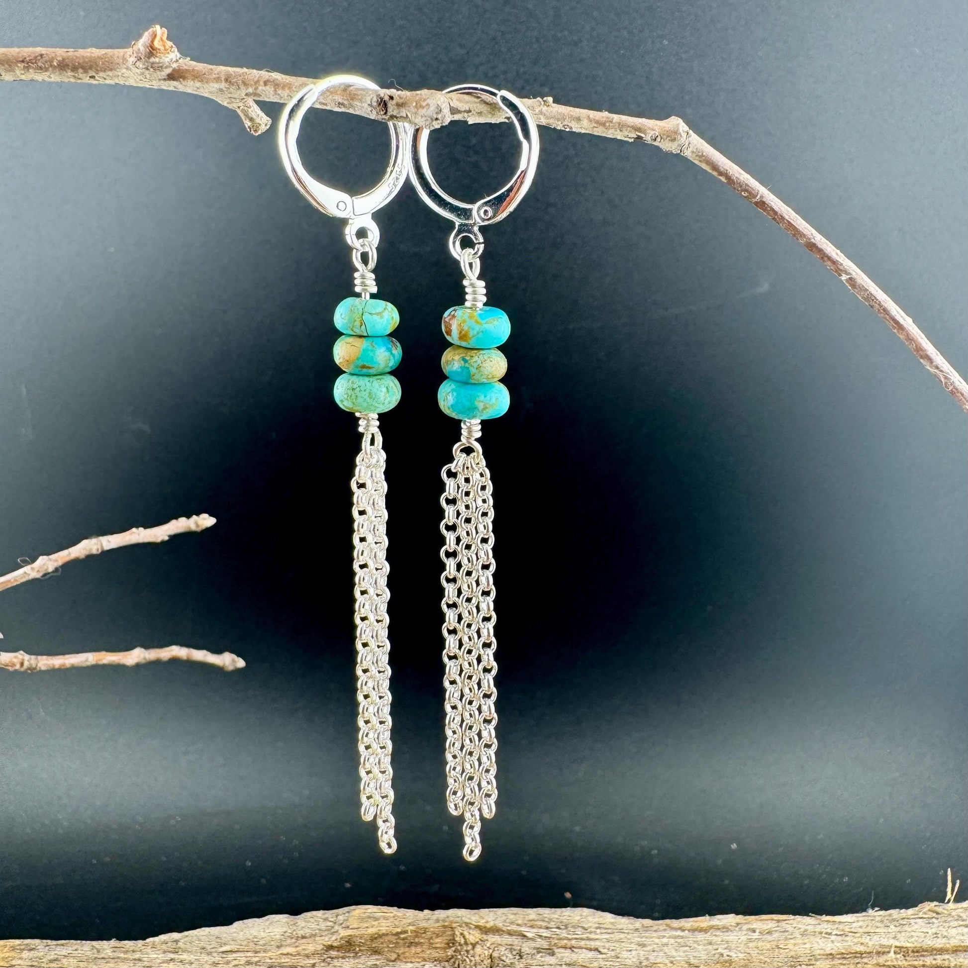 Turquoise Sterling Silver Lever back Hook Earrings: Kingman Huggie Hoop Chain Earrings