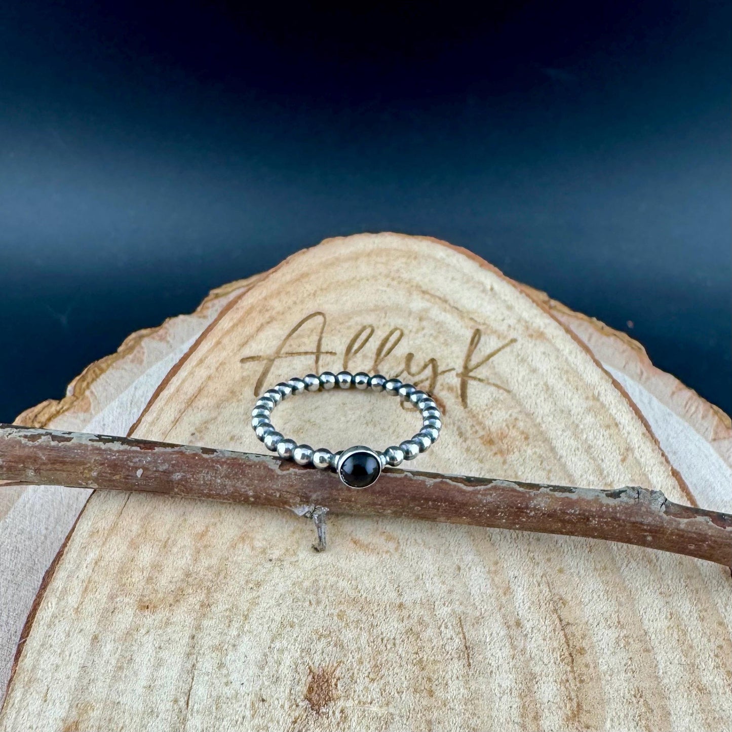Sterling Silver Black Onyx Cabochon Ring | Minimalist Beaded Wire Stackable Band