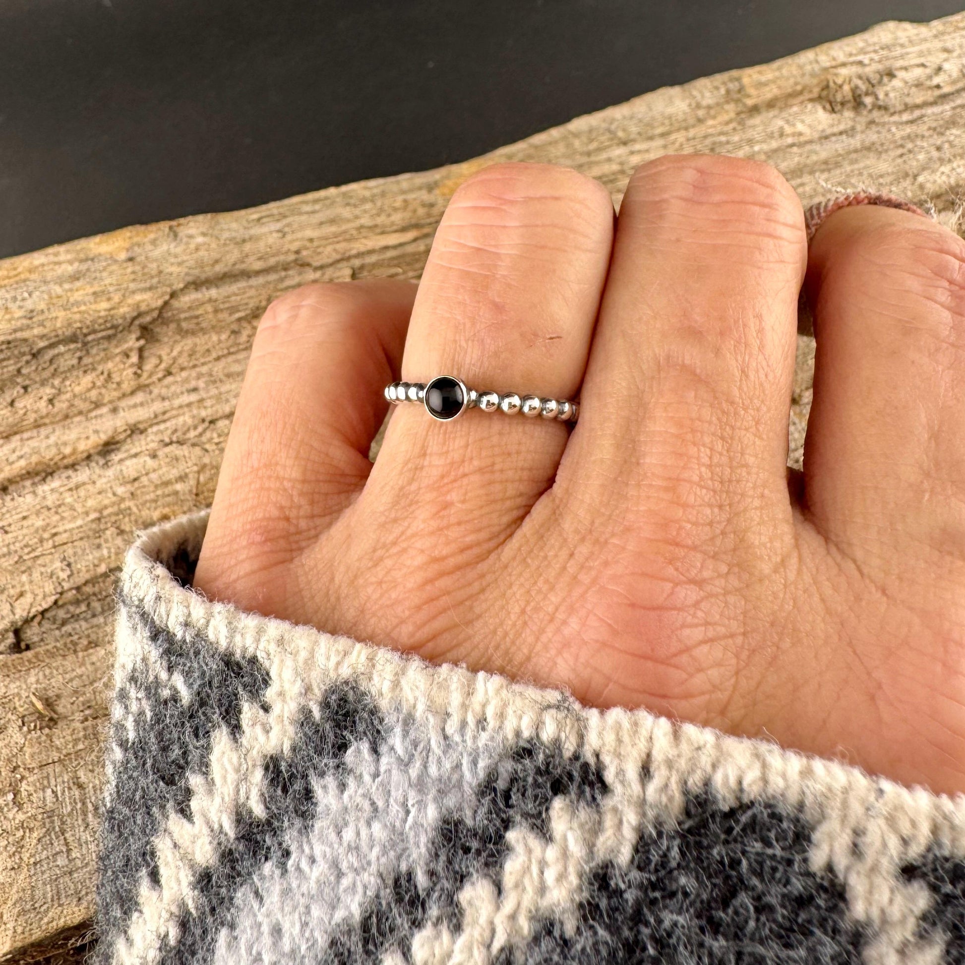 Sterling Silver Black Onyx Cabochon Ring | Minimalist Beaded Wire Stackable Band